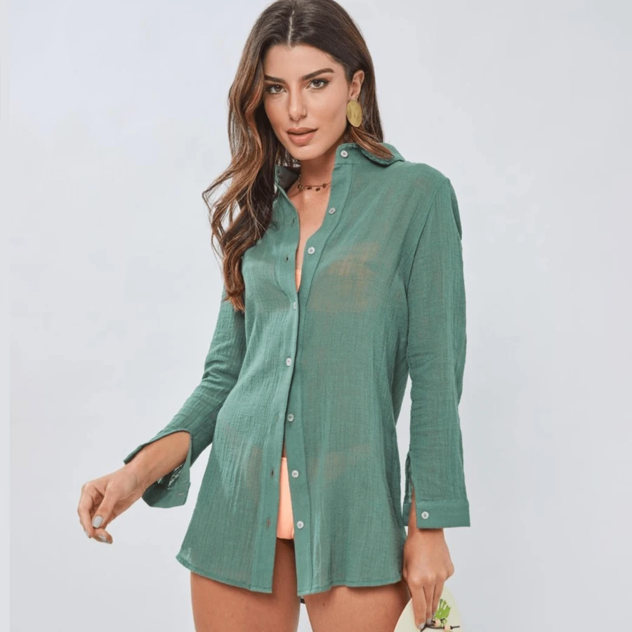 Camisa Longa Chemise Feminina com Bordado nas Costas - Verde - Visão 1