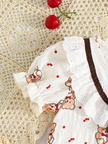Babymeisje Baby Beer Bedrukt Korte Mouw Snap On Wikkel Rond Driehoek Romper Met Vlinder Ruffle Kraag, Gemakkelijk Aan En Uit