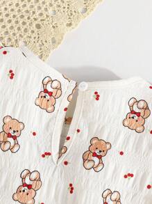 Babymeisje Baby Beer Bedrukt Korte Mouw Snap On Wikkel Rond Driehoek Romper Met Vlinder Ruffle Kraag, Gemakkelijk Aan En Uit