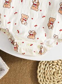 Babymeisje Baby Beer Bedrukt Korte Mouw Snap On Wikkel Rond Driehoek Romper Met Vlinder Ruffle Kraag, Gemakkelijk Aan En Uit