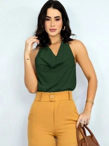 Women's Formal Blouse With Boba Collar, Elegant, Loose, Casual Fashion - 軍綠色 - 查看 1