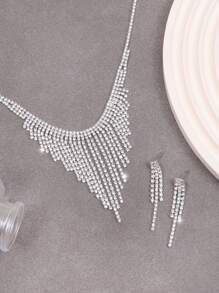 1pc Exaggerated Fashionable Personalized Rhinestone Silver Tassel Necklace, Design Suitable For Women Party Wear - Silver - View 3