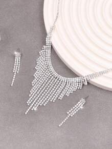 1pc Exaggerated Fashionable Personalized Rhinestone Silver Tassel Necklace, Design Suitable For Women Party Wear - Silver - View 2