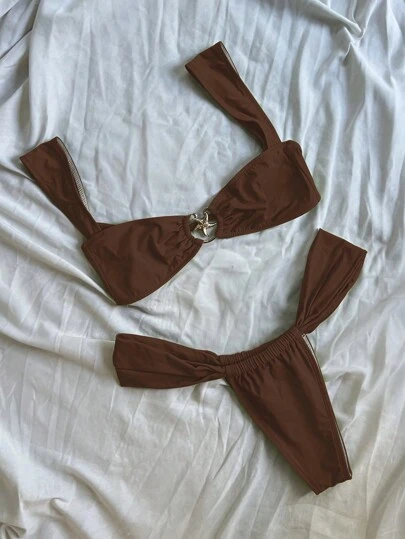 新款春夏欧美时尚女装金属海星装饰卡其色性感优雅比基尼套装，适合海滩度假派对约会