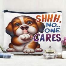 Neceser de lino con estampado de perro con el texto "Shh" - Negro - Ver 1