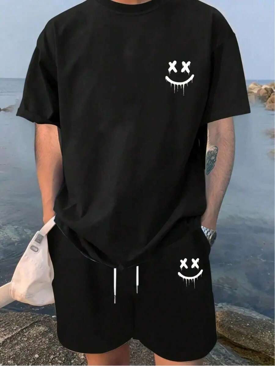 Men's Set SMILE Happy Print 100% Cotton T-Shirt + Tactel Shorts Men's Fashion Streetwear Summer 2-Piece Kit New Release - 黑色 - 查看 1