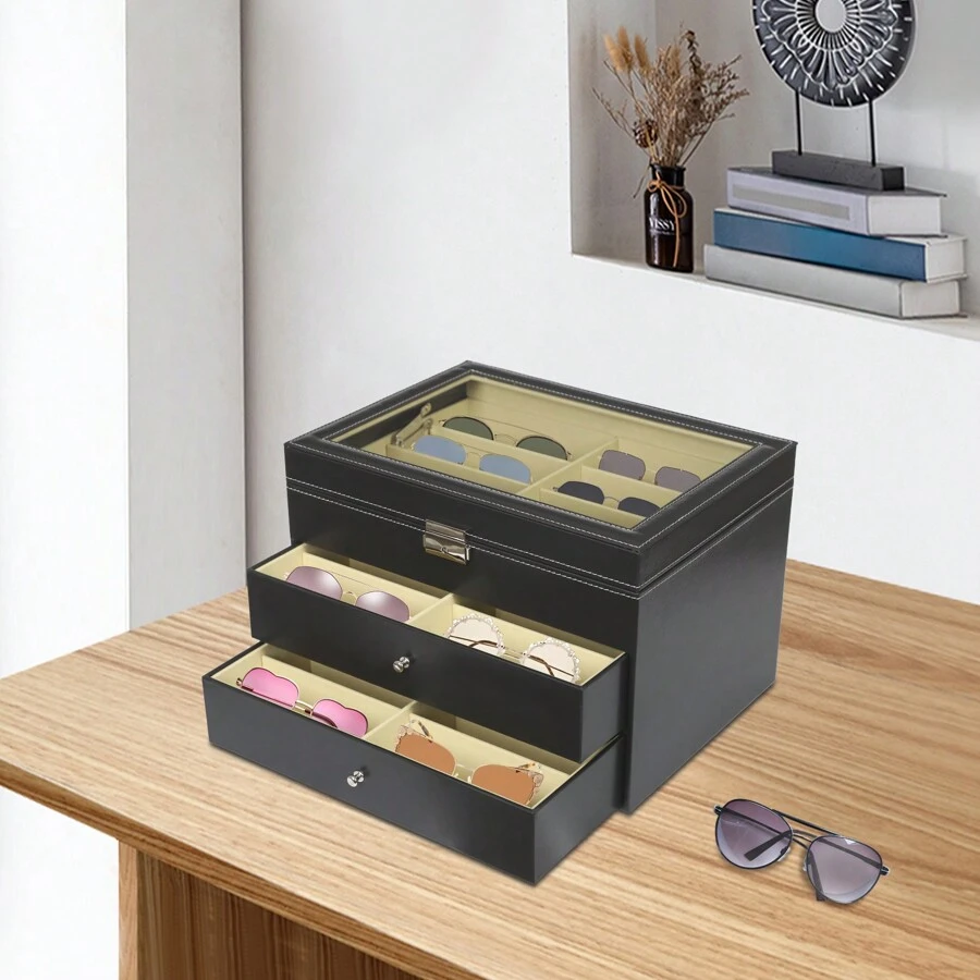 Organizador de viaje para lentes de sol, estuche de piel sintética enrollable para guardar tus gafas, joyas y aretes (negro), Negro