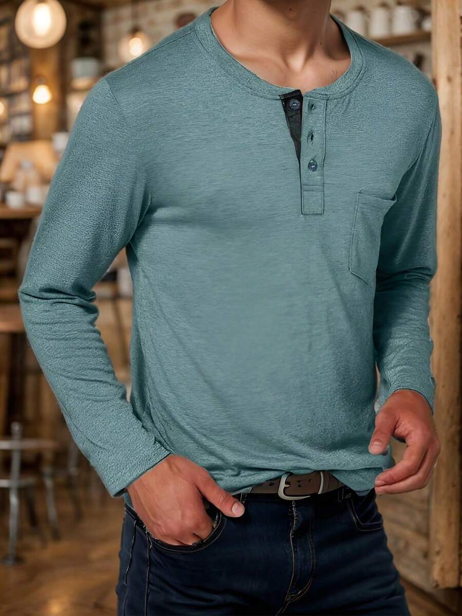 Men's Henley Shirt Lightweight Collarless T-Shirt Quarter Button Pullover Soft Casual Basic T-Shirt With Pockets - 藍色 - 查看 1