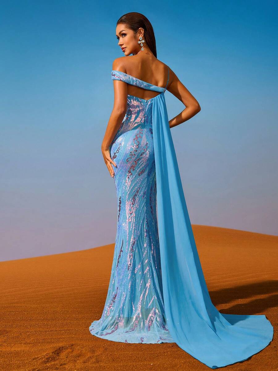 AOSHABABI TOPS Blue Floral Sequined Mermaid Formal Gown, Elegant And Luxurious. The Floral Sequins Sparkle Like Stars, And The Mermaid Design Accentuates The Graceful Curves.(Heavy Embellishment) Suitable For All Formal Occasions, Music Festivals, Large-Scale Galas, Wedding Guest Dresses, Holiday Parties, Graduations, Cocktail Parties, Dates, Vacations, And Bridesmaid Dresses.