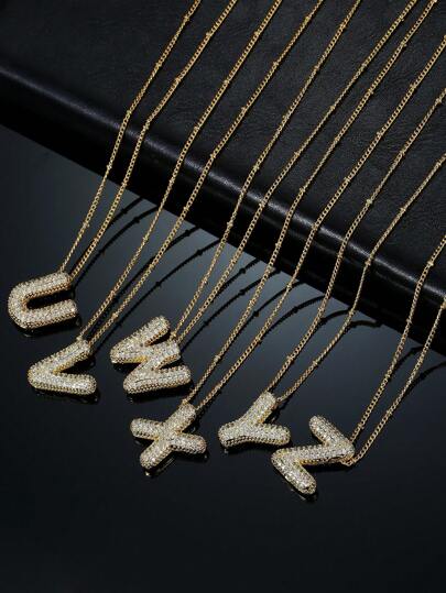 1pc Fashionable 18K Gold Plated Copper Zirconia  Necklace 26 Letter Pendant, Unisex Everyday Wear Lovers
