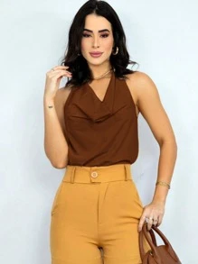Women's Formal Blouse With Boba Collar, Elegant, Loose, Casual Fashion - Rust Brown - View 1