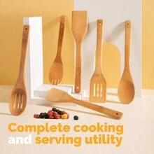 6pcs/1PC Bamboo Cooking Utensils Set - Includes Spoonula, Slotted Spoon, Shovel, And Spatula - Perfect For Nonstick Pans And Woks