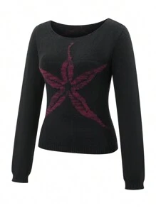 Women Y2k Off Shoulder Sweater Vintage Floral Graphic Long Sleeve Knit Pullover Shirt Slim Going Out Top Streetwear