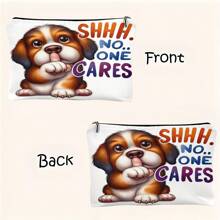 Neceser de lino con estampado de perro con el texto "Shh" - Negro - Ver 5