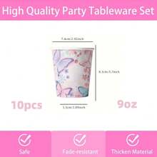 10 Stücke Schmetterlingsmuster Pappteller, Becher, Servietten, Einwegteller, Party Teller Kuchen Dessert Teller, Geschirr-Set Zubehör für Hochzeit, Alltag, Abendessen, Geburtstag, Ferien, Picknick, Abschluss Rosa - Verschiedenfarbig - Übersicht 13