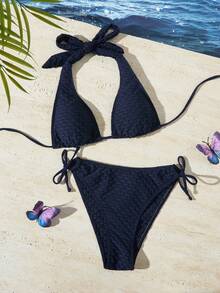 Fashion Special Fabric Solid Color Bikini Set Swimwear, For Summer Beach Vacation - Blue - View 1