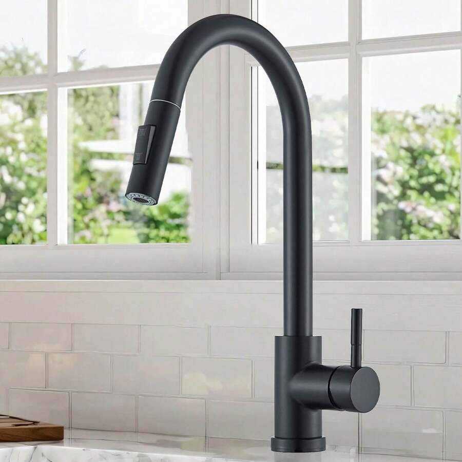Matte Black Kitchen Sink Faucet Pull Out Sprayer Single Handle Single Hole Mixer Tap - Black - View 1