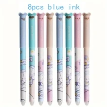 Set di 8 penne cancellabili creative da 0,5 mm con design di astronauta, animale, panda, unicorno, con inchiostro blu, anima cancellabile, manico lavabile, forniture per ufficio e articoli di cartoleria per il ritorno a scuola