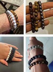 1pc Men's Beaded Bracelet 8mm Rhodonite Agate Healing Crystal Gem Bracelet Mala Yoga Meditation Jewelry Gifts For Women Men-Calm,Confidence,Protection,Success