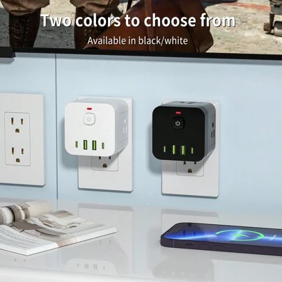 Power Socket With Plug, Socket Extender With 2 USB-A And 2 USB-C Slots And 4 Power Outputs, With Surge Protection Function, Side Socket Of Wall Socket Certified By UL Is More Convenient, And Mini Socket Adapter Is Convenient To Carry
