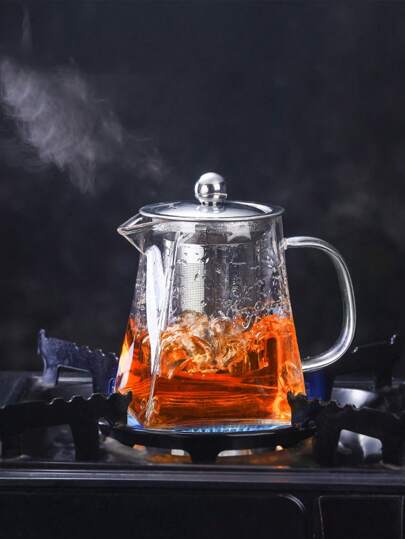 1 adet Paslanmaz Çelik Kapaklı ve Cam Filtreli Yüksek Borosilikat Cam Çaydanlık, Kare Çiçek Desenli, Isıya Dayanıklı Cam Çaydanlık, Büyük Kapasiteli Isıya Dayanıklı Demleme Çay Seti Okula Dönüş