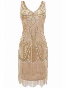 BABEYOND Women's Flapper Dresses 1920s V Neck Beaded Fringed Great Gatsby Dress - 香檳色 - 查看 4