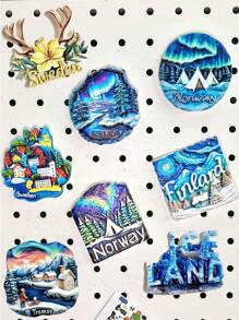 1pc Resin Travel Souvenir Artwork Fridge Magnet, Nordic European Style Green Aurora Borealis Snowy Mountains Landmark Cartoon Creative Kitchen Home Decor Magnets, Greenland Sweden Stockholm Finland Helsinki Norway Oslo Tromso Iceland Reykjavik - Multicolor - View 4