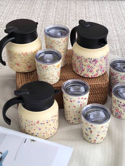 إبريق قهوة/شاي من الفولاذ المقاوم للصدأ عازل للحرارة ذو جدران مزدوجة بسعة 800 مل وبنمط زهري ياباني ، مناسب للمكتب والمطعم والاستخدام الخارجي ، هدية رائعة لأعياد الميلاد وعيد الحب وعيد الأم وبداية العام الدراسي