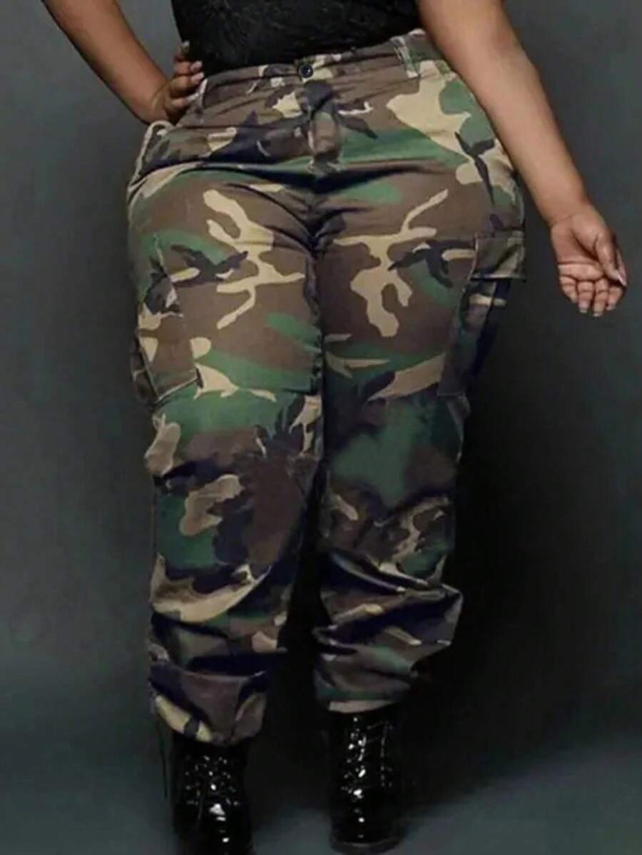 Chicsale Casual Camouflage Fashion Trousers, Sexy Inelastic Street Straight Trousers-Belt Buckle, Women's Wear - 軍綠色-2 - 查看 1