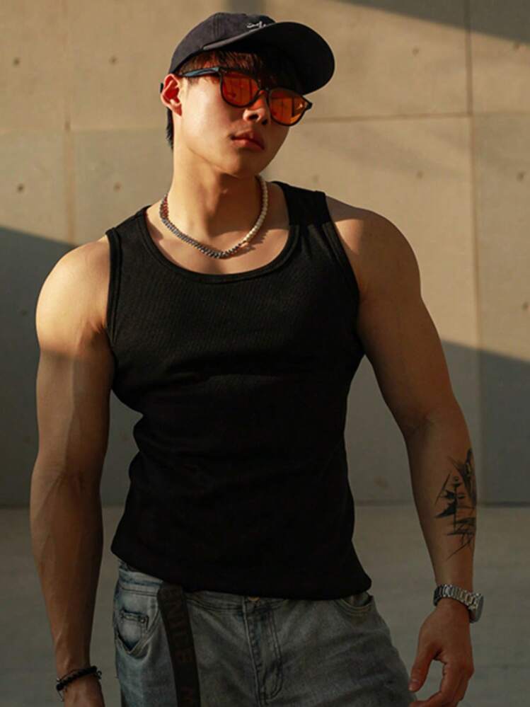 Heavyweight American Vintage Ribbed Muscle Sleeveless Shirt, Elastic Fitness Tight Top For Men, New Summer Sports Slim Undergarment - Black - View 4