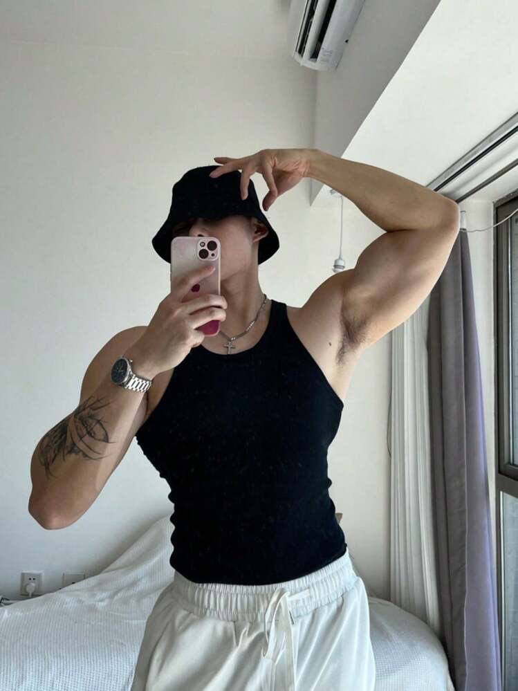 Heavyweight American Vintage Ribbed Muscle Sleeveless Shirt, Elastic Fitness Tight Top For Men, New Summer Sports Slim Undergarment - Black - View 5