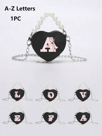 一款时尚可爱优雅的迷你爱心包，A-Z 26 个小芭蕾字母印花，仿珍珠手提包，PU 材质单肩斜挎包，口红零钱包。您可以将其用作口红零钱包，单肩或斜挎均可。适合外出旅行和购物时使用。圣诞节、感恩节、情人节、周五礼物。最佳礼物。浪漫。