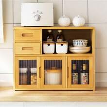 HOHOBLA Bamboo Countertop Storage Cabinet With 2 Small Drawers, Freestanding Pantry Sideboard With Acrylic Doors Wooden Color Dining Cupboard For Kitchen Dining Room Living Room - 木材顏色 - 查看 1