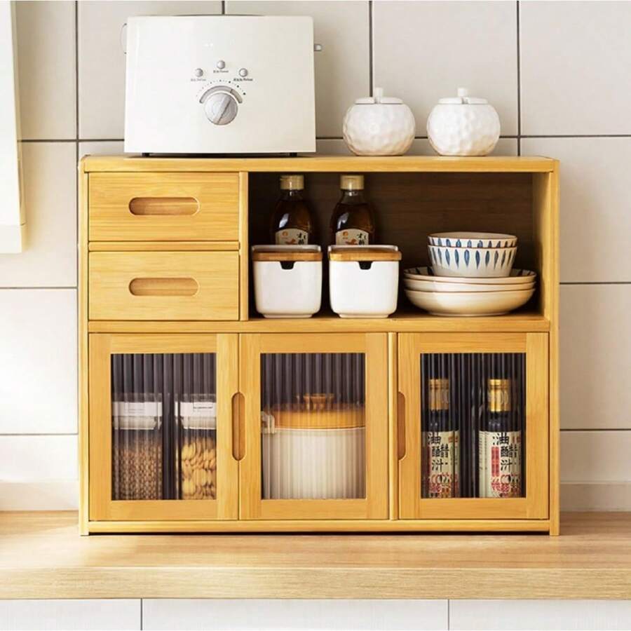 HOHOBLA Bamboo Countertop Storage Cabinet With 2 Small Drawers, Freestanding Pantry Sideboard With Acrylic Doors Wooden Color Dining Cupboard For Kitchen Dining Room Living Room - 木材顏色 - 查看 1