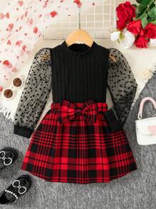 Girls Solid Color Panel Heart Net Mesh Long Sleeve Top + Bowknot Plaid Skirt Set