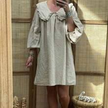 Women's Cute Babydoll Dresses Plaid Print Puff Sleeve Doll Collar Loose Mini Dress For Summer - 卡其色 - 查看 1