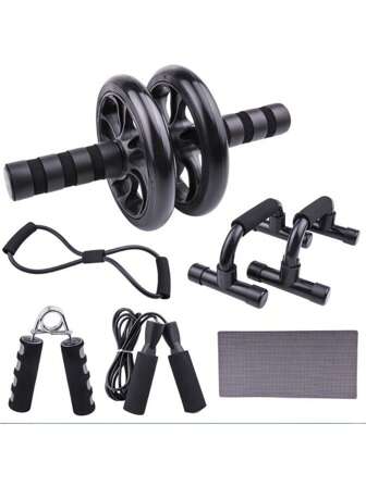 6pcs Multi-Function Fitness Training Kit For Home Use, Includes Mini Ab Wheel, Push-Up Bars, Resistance Bands, Jump Rope, Suitable For Abdominal Exercise, Complete Home Workout Equipment Set (Ab Wheel & Knee Pad & Push-Up Stands & Grip Strengthener & Bearing Jump Rope & 8-Shape Resistance Bands) Gym Accessories