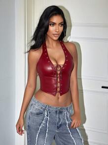Y2K Punk V Neck Grommet Eyelet Tie Front Backless Corset PU Leather Shapewear Halter Crop Top - Màu Đỏ Sâu - Xem 5