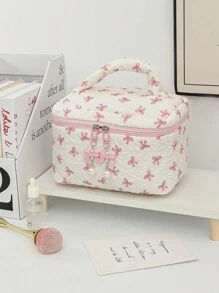 1 Piece Large Capacity Diamond Lattice Cosmetic Bag With Bow Decor Portable Bow Travel Toiletry Bag Cosmetic Brushes Storage Bag Skincare Make Up Organizer Convenient Cosmetic Storage Bag With Handle Bow Pendant Makeup Bag Stylish Make Up Bag Makeup Bag Girls Case Bags Travel Storage Bag Cute Makeup Bag Back To School School Bag Travel Essentials Travel Organizer,Bridesmaid Gift, ,Christmas Day Gift - Pink - View 8