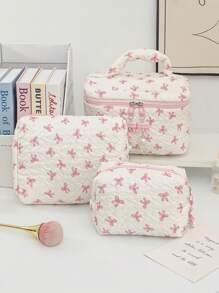 1 Piece Large Capacity Diamond Lattice Cosmetic Bag With Bow Decor Portable Bow Travel Toiletry Bag Cosmetic Brushes Storage Bag Skincare Make Up Organizer Convenient Cosmetic Storage Bag With Handle Bow Pendant Makeup Bag Stylish Make Up Bag Makeup Bag Girls Case Bags Travel Storage Bag Cute Makeup Bag Back To School School Bag Travel Essentials Travel Organizer,Bridesmaid Gift, ,Christmas Day Gift - Pink - View 3