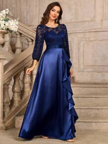 MIUSOL Kwiatowa koronkowa kontrastowa satynowa sukienka z 3/4 rękawami i falbanką na formalne przyjęcie, sukienka dla gości weselnych, na ukończenie szkoły, sukienka wieczorowa, na kolację