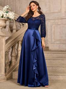 MIUSOL Kwiatowa koronkowa kontrastowa satynowa sukienka z 3/4 rękawami i falbanką na formalne przyjęcie, sukienka dla gości weselnych, na ukończenie szkoły, sukienka wieczorowa, na kolację