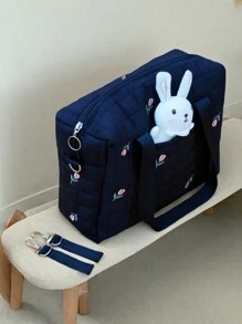 1pc Cute Embroidered Solid Black Mommy Bag With Pockets, Dual Hooks For Stroller, Portable Diaper Bag For Feeding Supplies, Suitable For All Seasons - Black - View 7