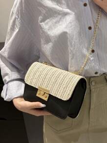 1pc Casual Woven Crossbody Shoulder Bag Summer Holding Bag Small Square Gold Tone Chain.