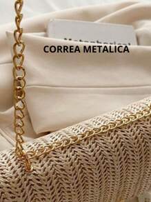 1pc Casual Woven Crossbody Shoulder Bag Summer Holding Bag Small Square Gold Tone Chain.
