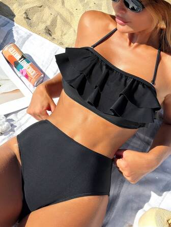 Conjunto de bikini de 2 piezas con cintura alta y acabado con volantes sexy para mujeres, para verano y vacaciones en la playa