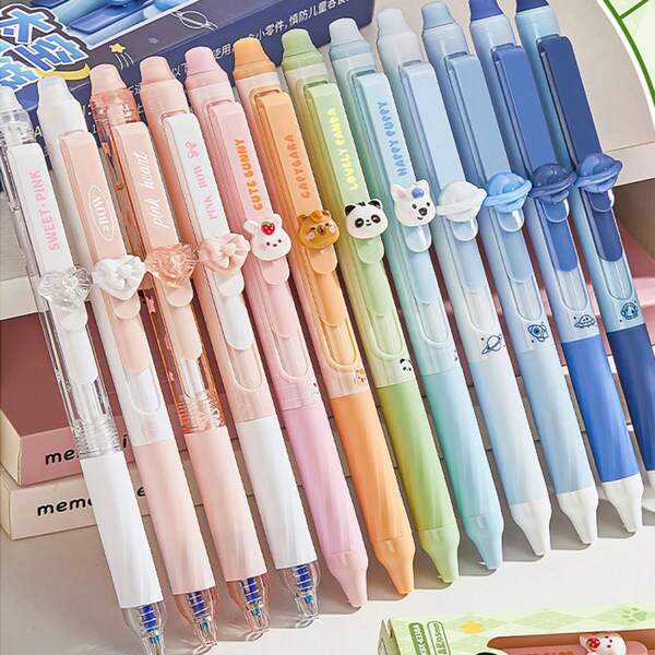 Set de 4 bolígrafos borrables retráctiles, con diseño de dibujos animados lindos, clip largo, agarre suave ergonómico, borrador incorporado, escritura suave, tinta mejorada para colores vívidos