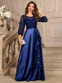 MIUSOL Kwiatowa koronkowa kontrastowa satynowa sukienka z 3/4 rękawami i falbanką na formalne przyjęcie, sukienka dla gości weselnych, na ukończenie szkoły, sukienka wieczorowa, na kolację