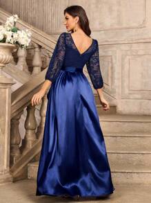 MIUSOL Kwiatowa koronkowa kontrastowa satynowa sukienka z 3/4 rękawami i falbanką na formalne przyjęcie, sukienka dla gości weselnych, na ukończenie szkoły, sukienka wieczorowa, na kolację