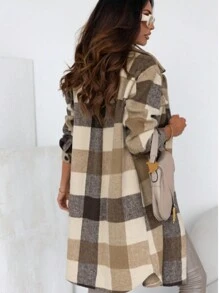 Khaki Plaid Button Down Flap Pocket Long Coat